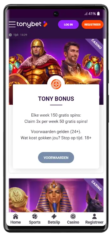 TonyBet Tony Bonus aanbieding: elke week 150 gratis spins, 3x per week 50 free spins claimen, voorwaarden gelden voor spelers van 24 jaar en ouder