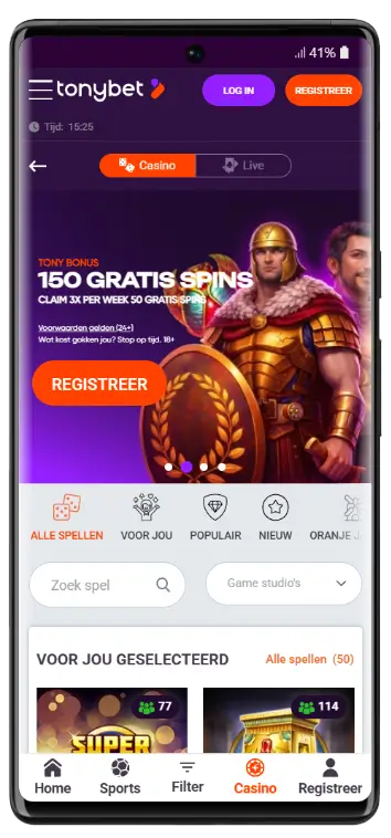 TonyBet Casino mobiele startpagina met banner voor 150 gratis spins, spelcategorieën, zoekfunctie en game studio's filter voor Nederlandse spelers