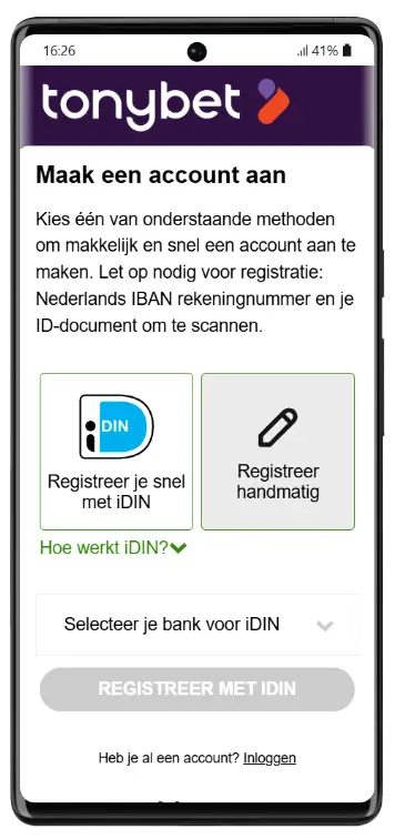 TonyBet registratiepagina met twee opties: snel aanmelden via iDIN met Nederlands IBAN-rekeningnummer en ID-document, of handmatig registreren