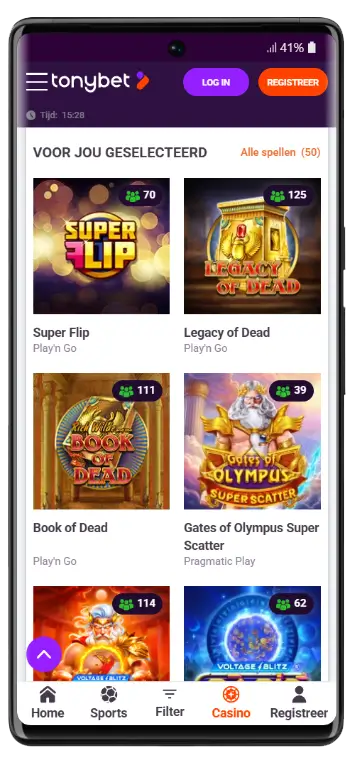 TonyBet Casino mobiele versie met slotspellen: Super Flip, Legacy of Dead, Book of Dead en Gates of Olympus Super Scatter van Play'n Go en Pragmatic Play
